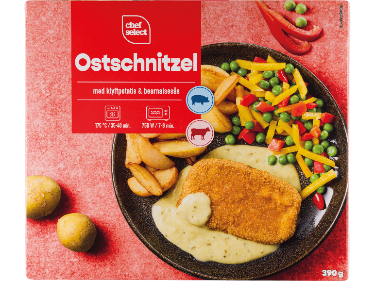 Ostschnitzel med klyftpotatis och bearnaisesås, förpackning med tillagningsinstruktioner och 390g vikt.