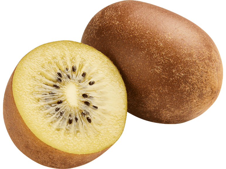 En hel och en halverad gul kiwi på vit bakgrund