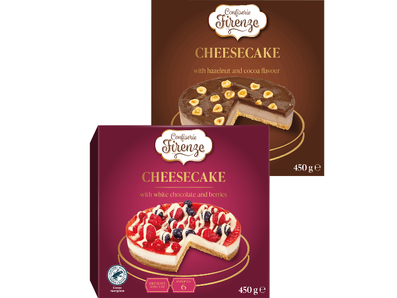 Två förpackningar med fryst cheesecake: en med hasselnöt och kakao, och en med vit choklad och bär.