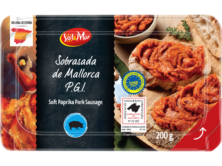 Förpackning av Sobrasada de Mallorca med rostat bröd och en flamencodansare.
