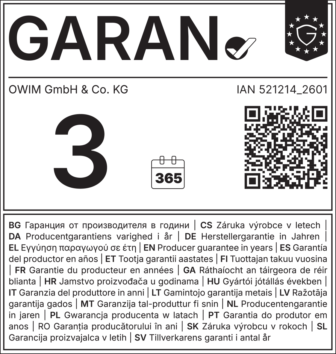 Tillverkarens garanti 3 år (365 dagar), IAN 521214_2601.