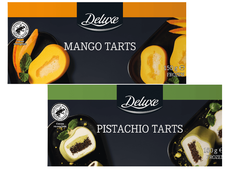 Frysta Deluxe-bakelser med smak av mango och pistage.