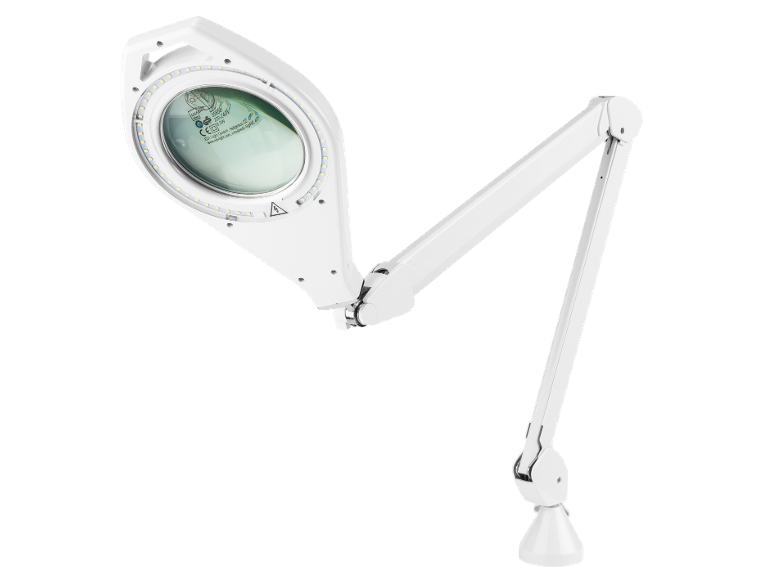 Vit förstoringslampa med LED-belysning och justerbar arm, 220-240V, 6.3W.