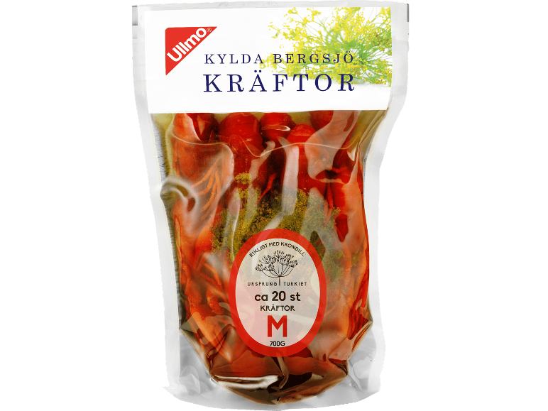 Förpackning kylda kräftor med krondill, ca 20 stycken, 700g.