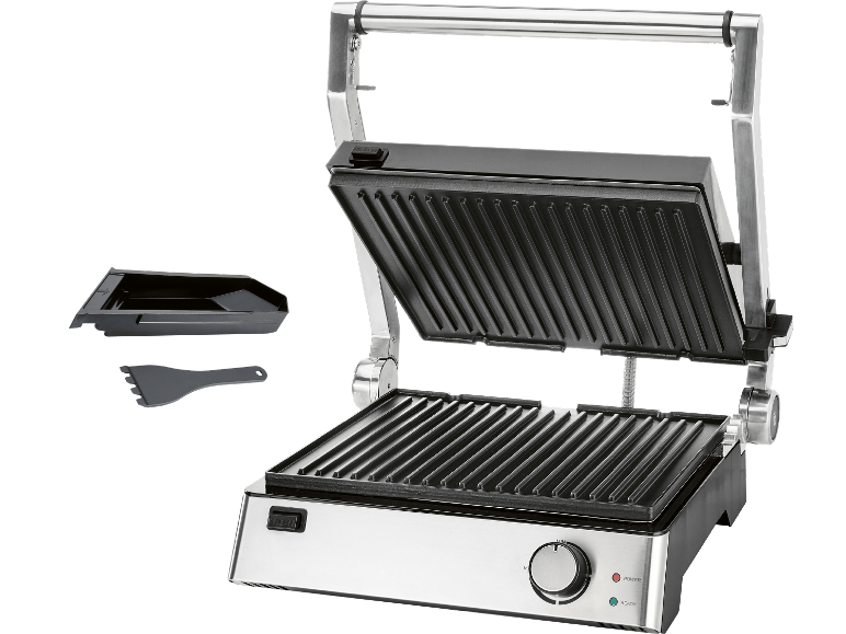 Öppen elektrisk grill med räfflade plattor, droppbricka och spatel.
