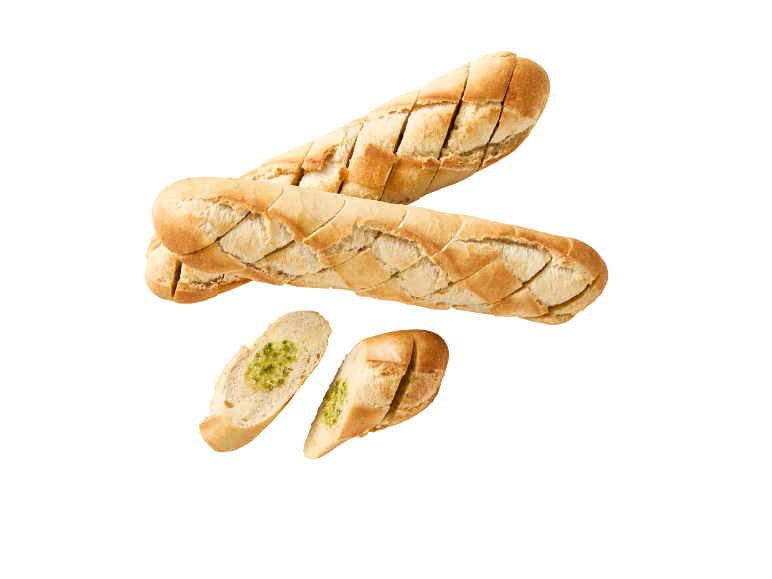 Vitlöksbröd med pesto, varav en är skivad