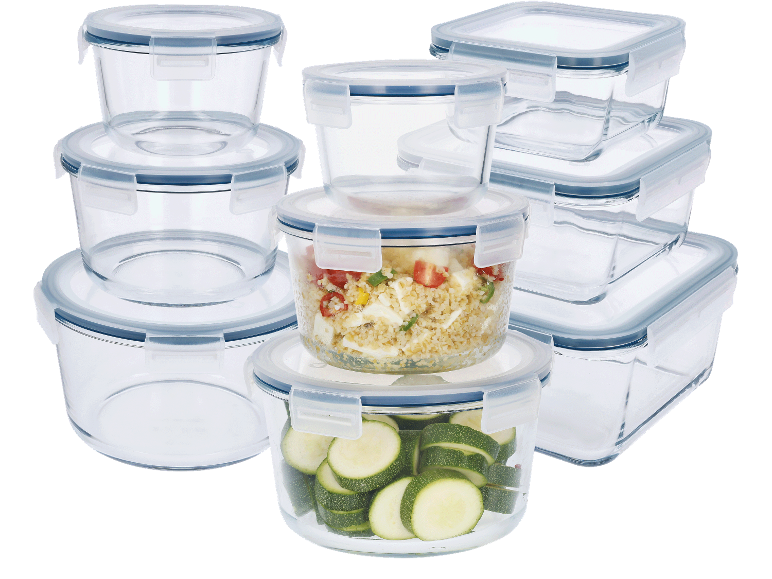 Matlådor i glas med blå lock, några fyllda med mat.