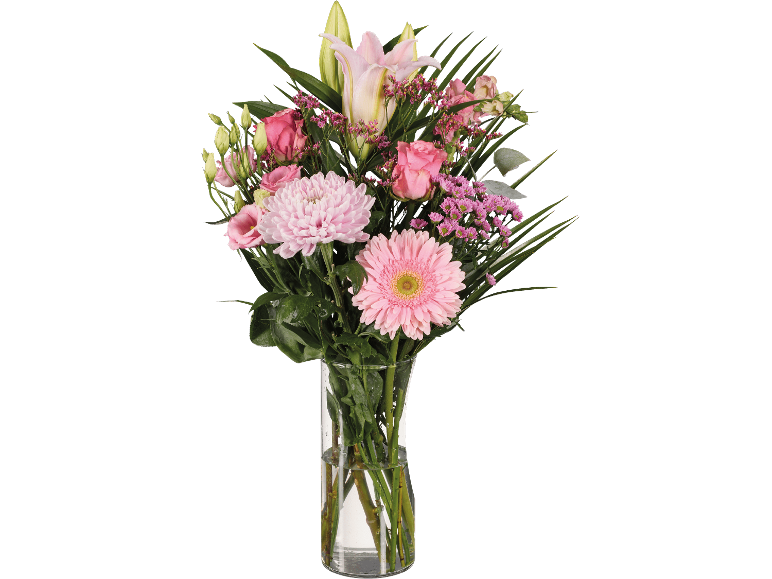 Bukett med rosa blommor i vas, med liljor, rosor och gerbera.