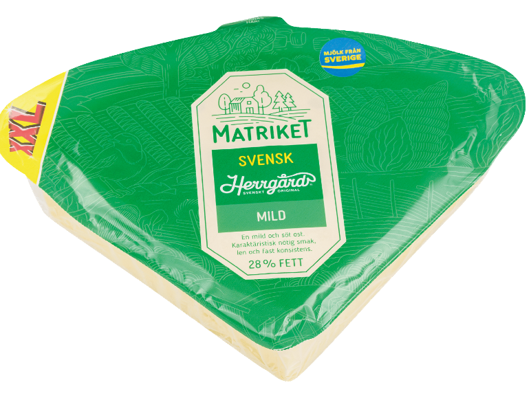 Förpackning med mild svensk Herrgård ost med 28% fett.