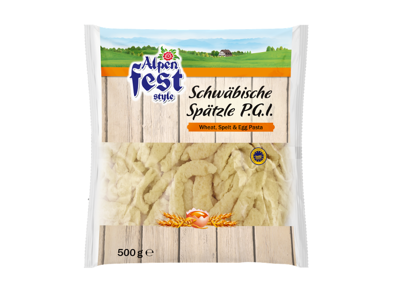 Förpackning Spätzle-pasta med vete, dinkel och ägg, 500g.