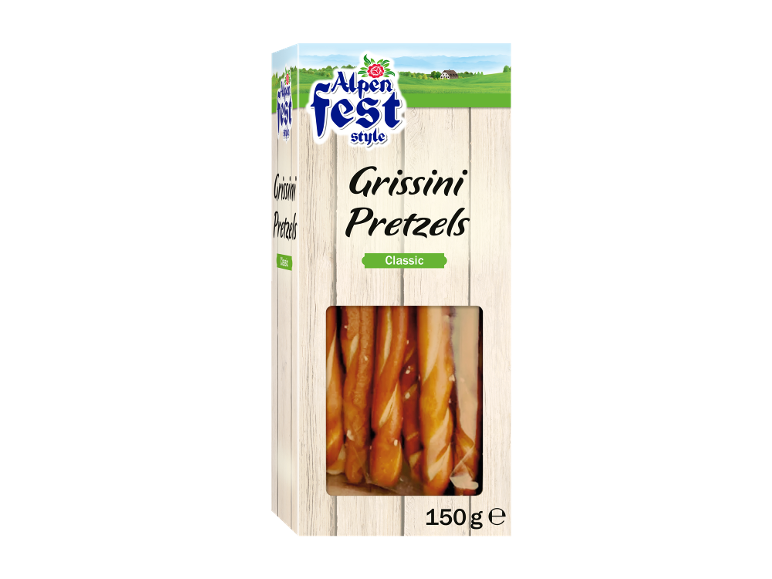 Förpackning grissini och pretzels i alpstil, klassisk smak, 150g.