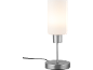 Modern bordslampa med cylindrisk vit skärm och borstad stålfot.