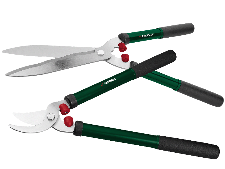 Två trädgårdssaxar med gröna och svarta handtag, en öppen och en stängd.