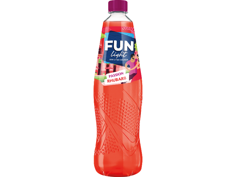 Röd saftflaska med en färgglad etikett med texten 'FUN light Passion Rhubarb'