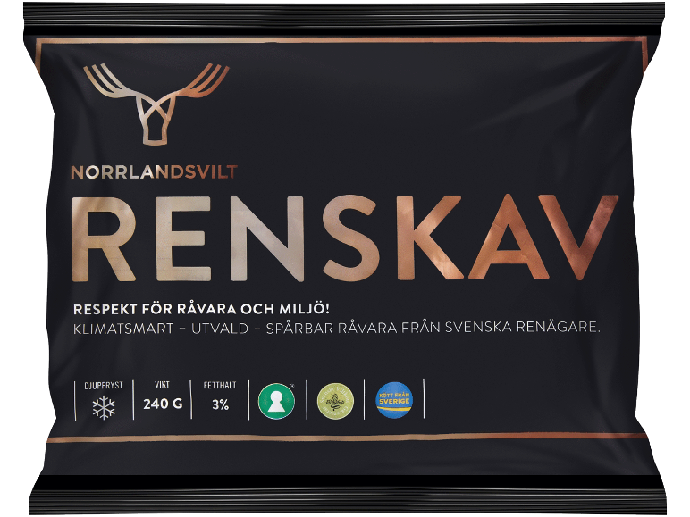 Svart förpackning med fryst renskav, 240g, 3% fetthalt, med hornlogotyp.