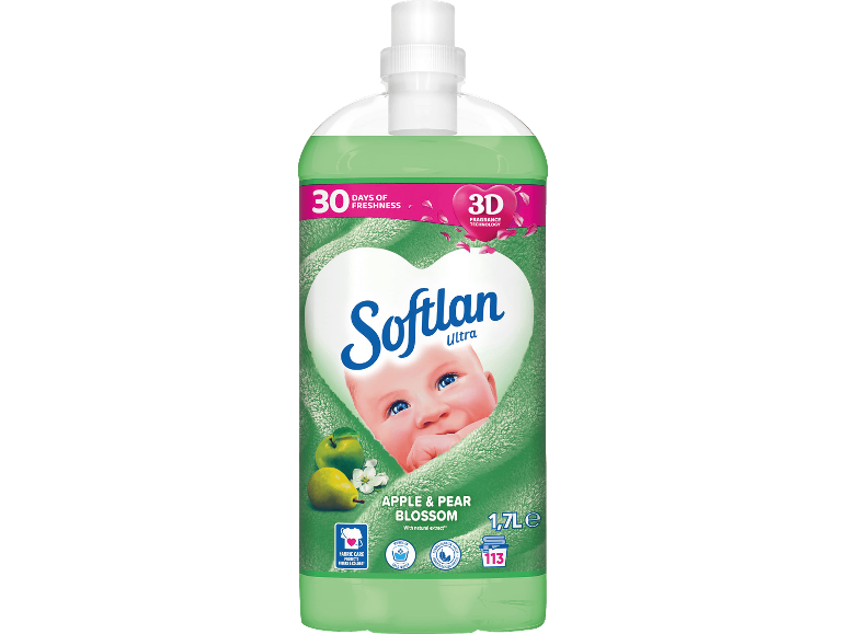 Grönt 1,7L sköljmedel med äpple, päron och en bebis, som ger 30 dagars fräschhet.