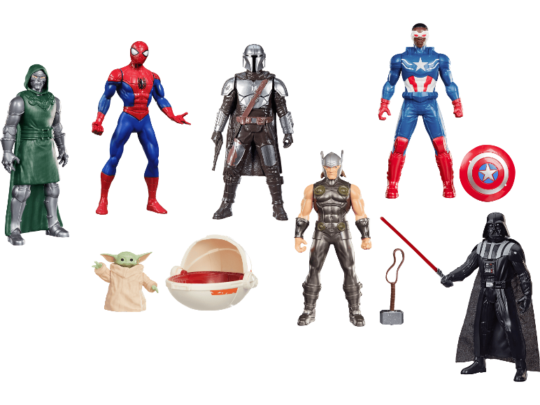 HASBRO leksaksfigurer i ett set med olika hjältar och tillbehör.