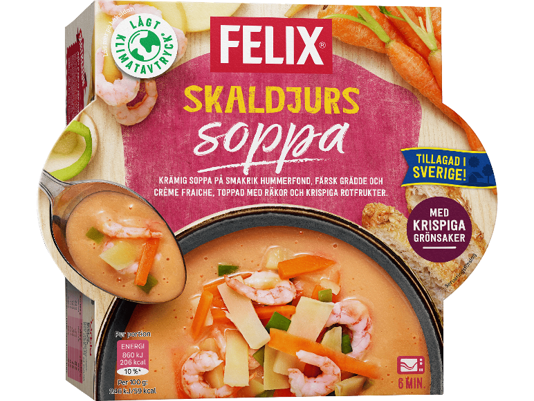 Felix Skaldjurssoppa i förpackning.