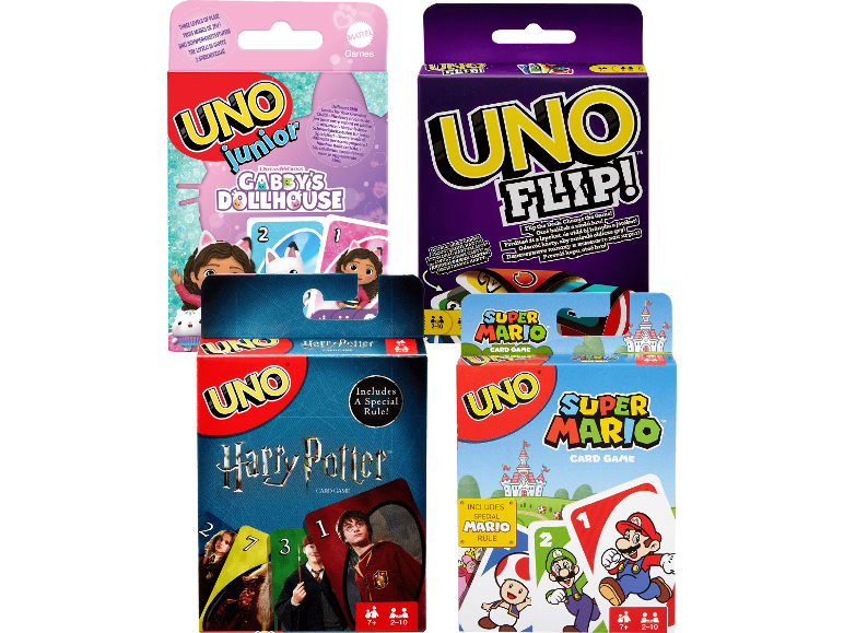 Fyra kortspel med teman som Gabby's Dollhouse, Harry Potter, Super Mario och Flip.