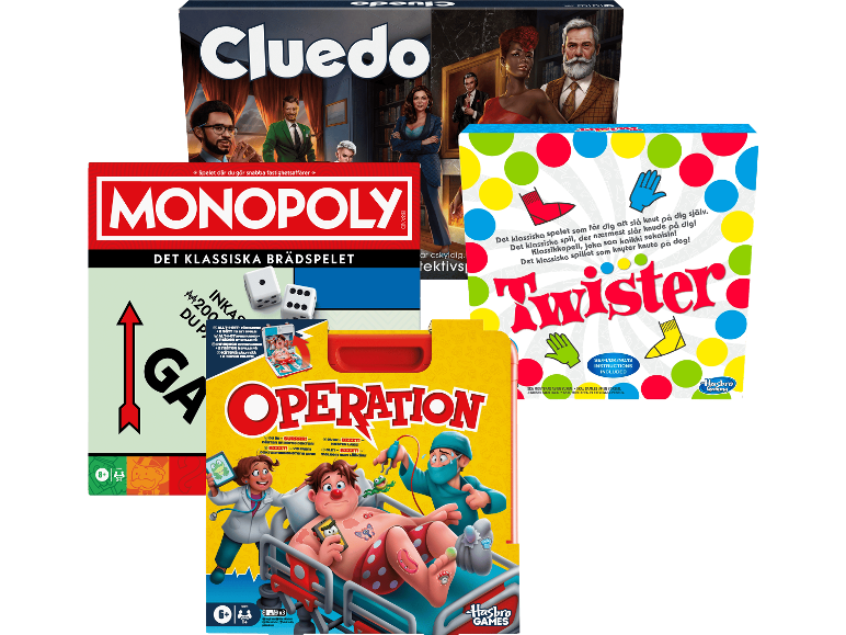 Fyra klassiska sällskapsspel, inklusive Cluedo, Monopoly, Twister och Operation.