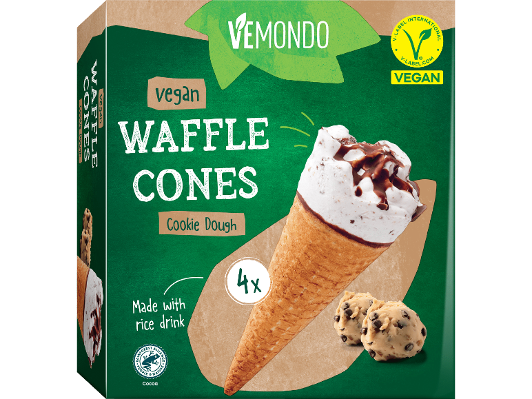 Veganska våffelstrutar med kakdegsfyllning, gjorda med risdryck, 4-pack.