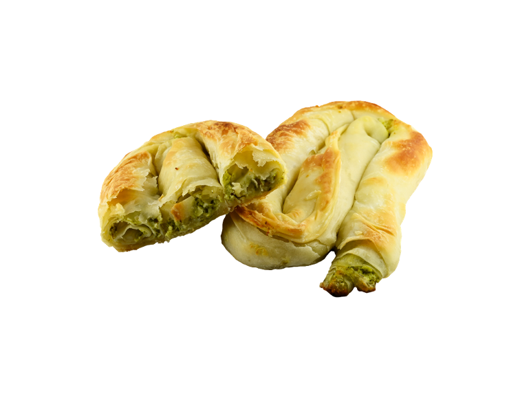 Smördegsbörek med grön fyllning, en halverad