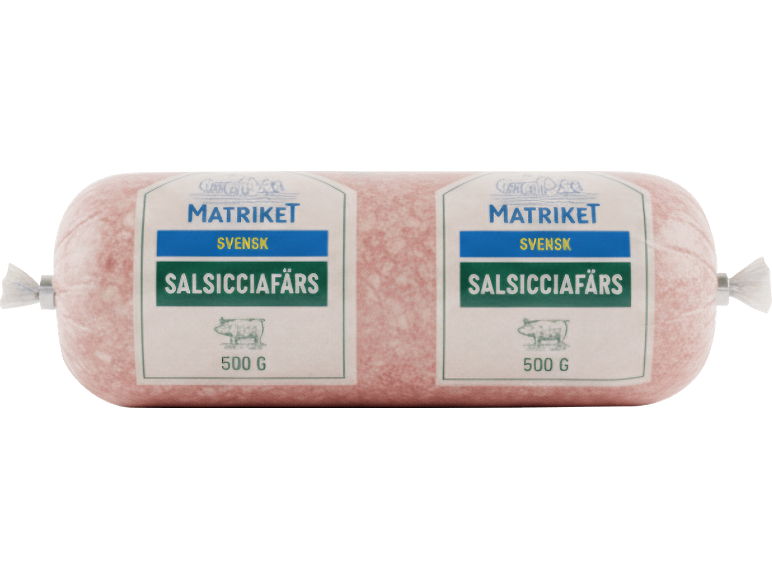 Två förpackningar med köttfärs, med texten 'Salsicciafärs' och '500 G' på etiketten.