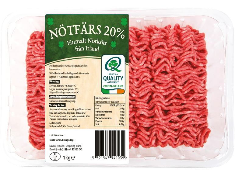 Nötfärs från Irland, 20% fetthalt, med näringsinformation.