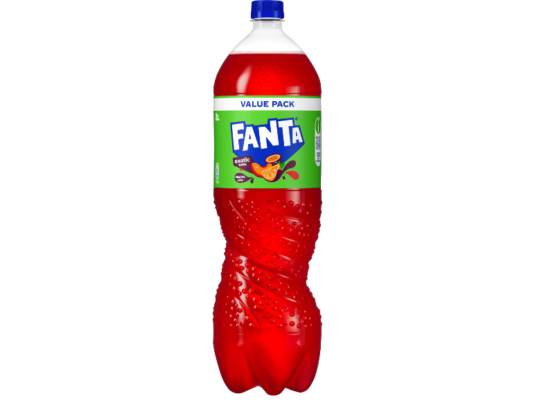 Röd läsk med exotisk fruktsmak i en 2-litersflaska.