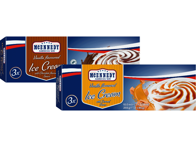 Förpackningar med vaniljglass med choklad- och kolasås, vardera med 3 stycken.