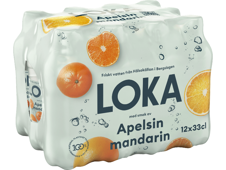 Ett sexpack kolsyrat vatten med smak av apelsin och mandarin, med fruktskivor och bubblor.