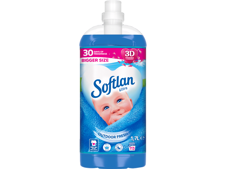 Blått sköljmedel med babyansikte, 1,7L, 113 tvättar, 30 dagars fräschhet.