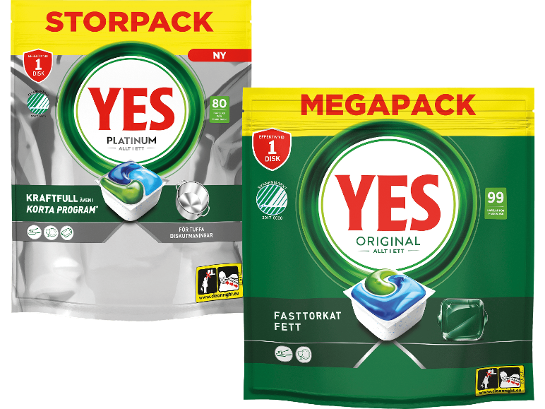 Två förpackningar diskmaskinskapslar: en Platinum med 80 kapslar, den andra Original med 99 kapslar.