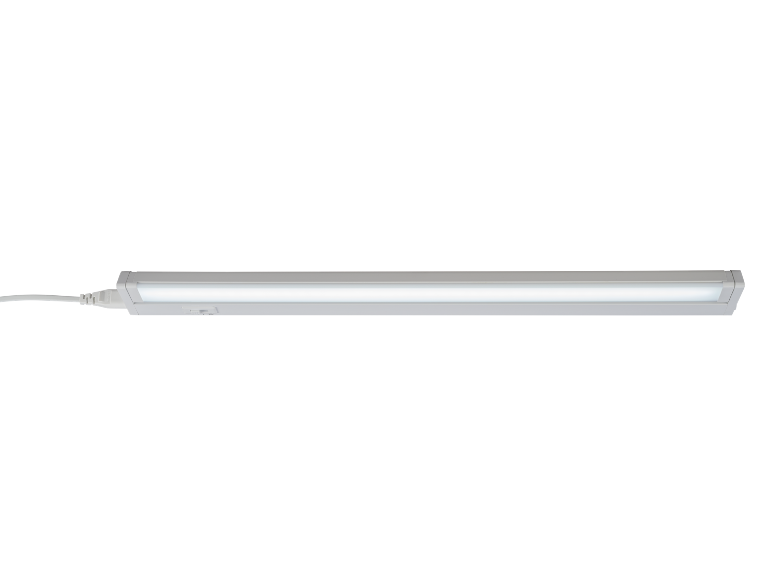 Vit LED-underskåpsbelysning med kabel och strömbrytare.