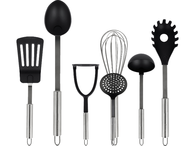 Köksredskapsset med stekspade, sked, potatisskalare, visp, hålslev, slev och spagettislev.