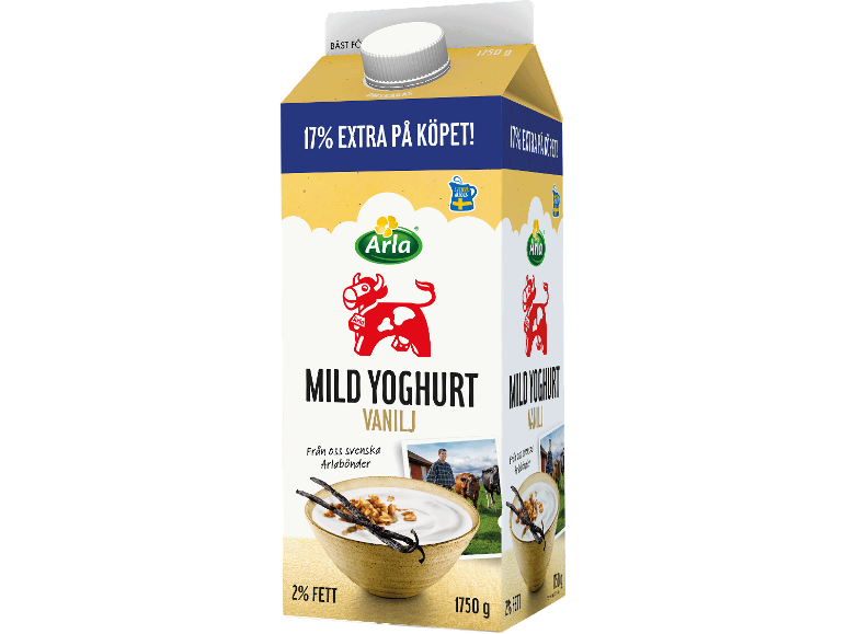 Kartong med mild vaniljyoghurt med 17% extra, 2% fett och 1750g.