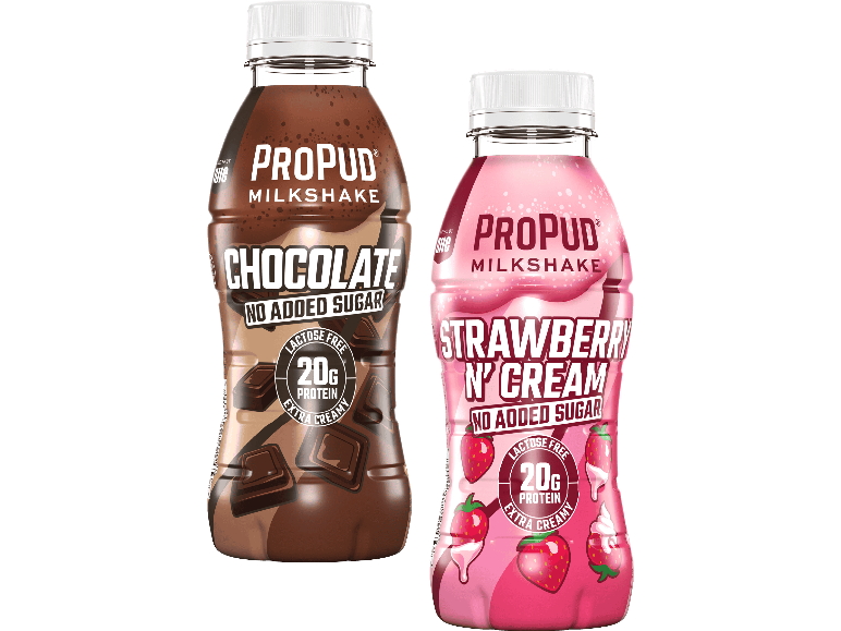 ProPud Milkshake med smak av choklad samt jordgubb och grädde, utan tillsatt socker och laktosfri, med 20 g protein.