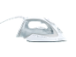 Vitt och grått ångstrykjärn med automatisk avstängning, självrengöring och keramisk beläggning.
