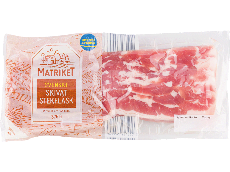 Förpackning skivat rökt fläsk, med svensk text och en stämpel som indikerar kött från Sverige.