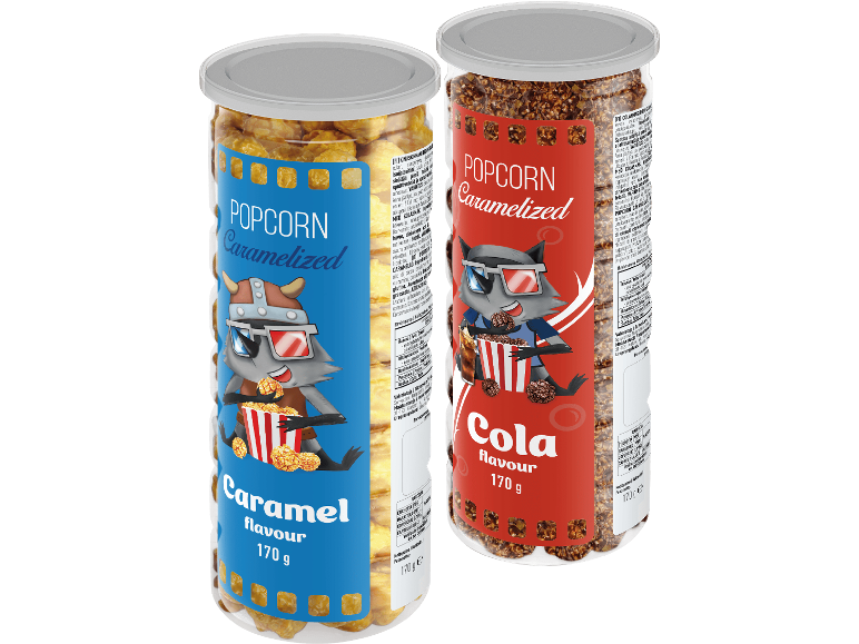 Två burkar med karamelliserade popcorn och popcorn med colasmak, 170 g.