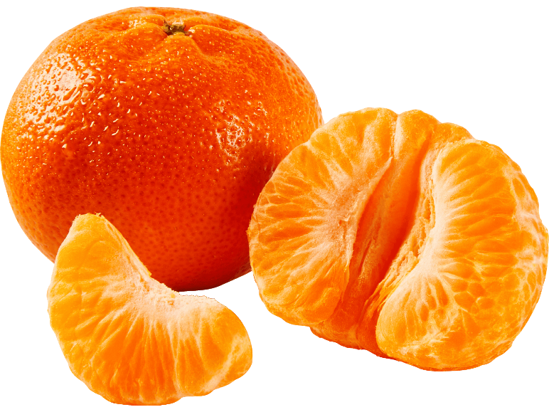 Hel mandarin med skalade klyftor bredvid.
