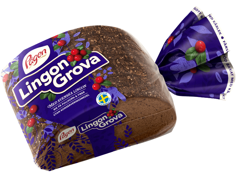 Skivat mörkt lingonbröd i plastförpackning.