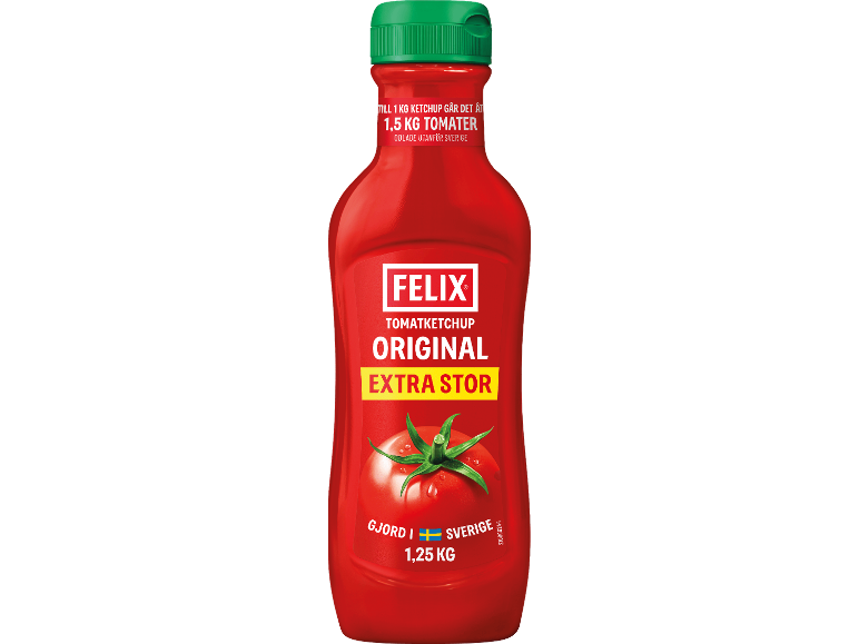 Röd tomatketchup i flaska med grönt lock, med texten 'Original Extra Stor'.