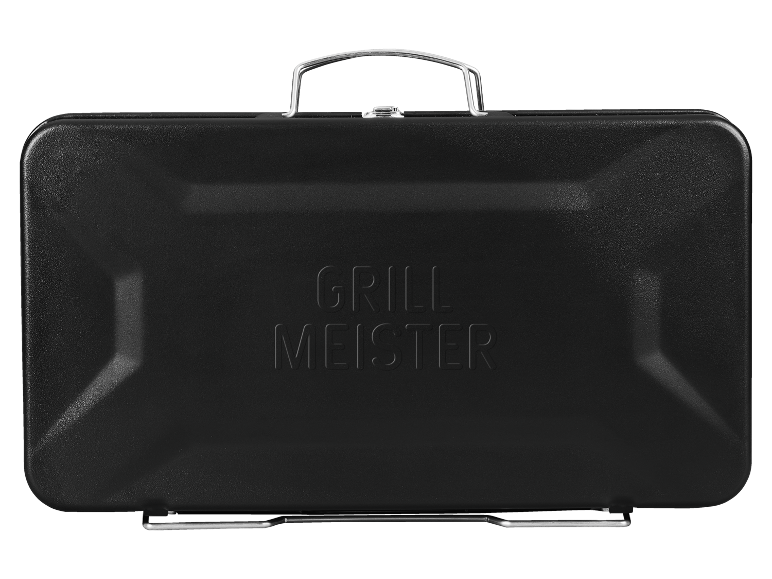 Svart bärbar grill i resväskmodell med texten «GRILL MEISTER».