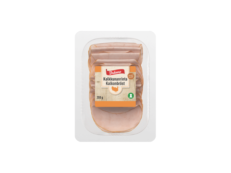 Förpackning med tunt skivad kalkonbröst, 200 g.