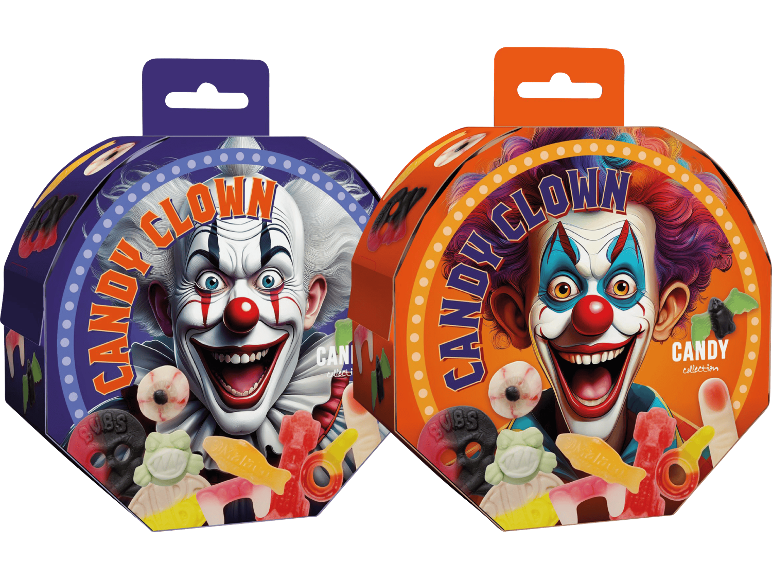 Två Halloween-godisaskar med läskiga clownmotiv och blandat gelégodis.