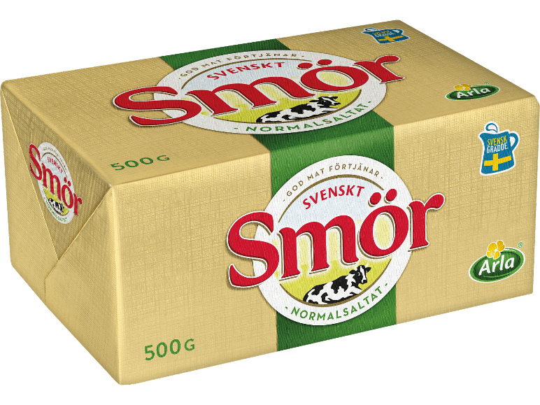 500g smörpaket med texten 'Svenskt Smör Normalsaltat' och en ko.