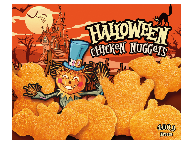 Förpackning med Halloween kycklingnuggets formade som fladdermöss, spöken och pumpor.