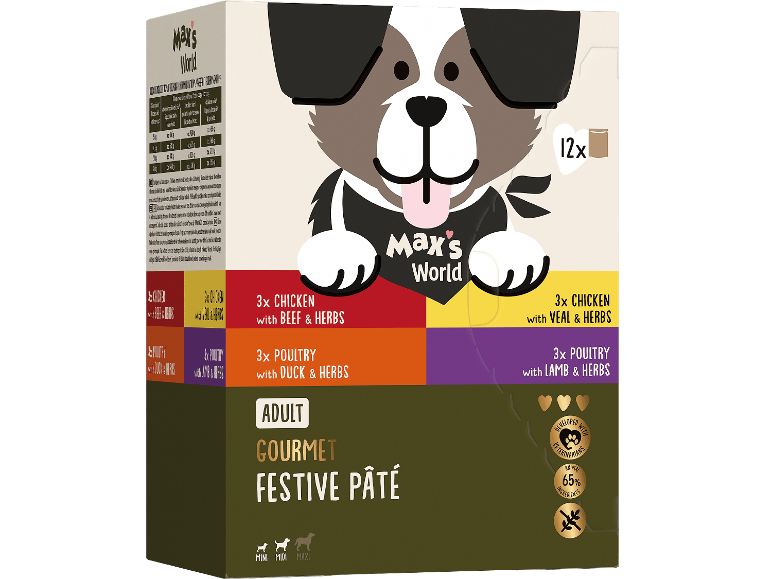 Låda med våtfoder för hundar Max's World Gourmet Festive Pâté, 12-pack.