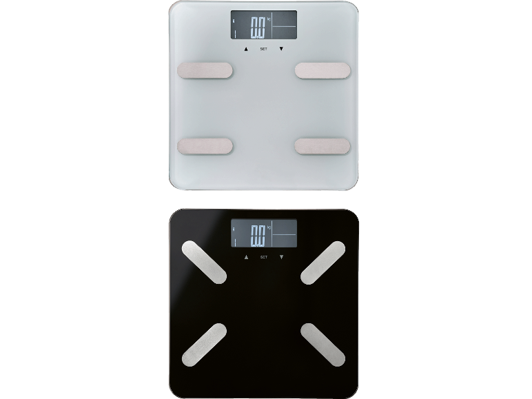 Två badrumsvågar, en vit och en svart, med digital display.